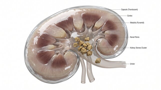 Human kidney cross section diagram with kidney stones. Anatomical 3D illustration showing cortex, medulla, renal pelvis, and ureter labels. Medical education and urology concept.