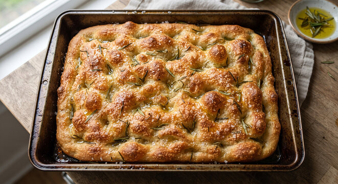 &nbsp;Top-down macro product photography of a freshly baked Focaccia Genovese in an oiled rectangular metal baking pan. 
