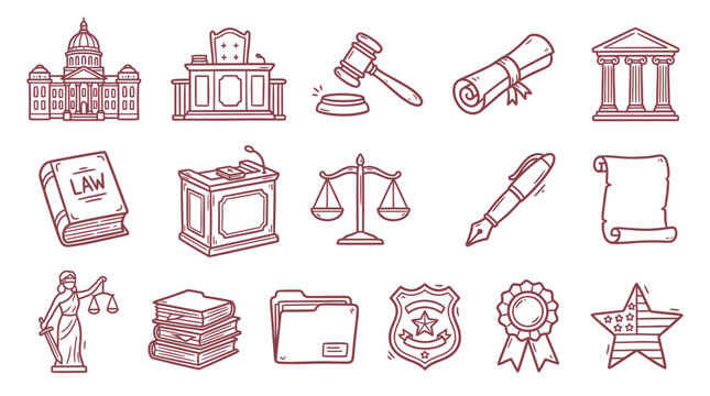 A collection of hand-drawn legal and justice-themed icons, including buildings, books, scales, and symbols of authority.