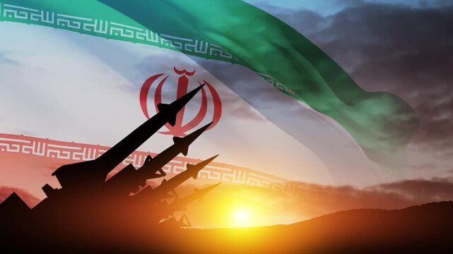 The missiles are aimed at the sky at sunset with Iran flag. Bomb, chemical weapons, missile defense, a system of salvo fire.