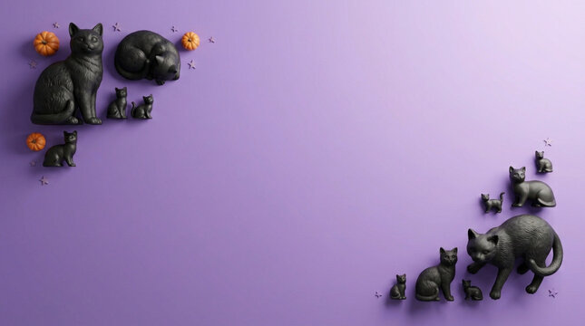 Black cat figurines arranged in corners on a purple background for halloween