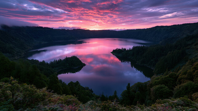 Scenic volcanic caldera lake at sunrise with colorful sky and lush surrounding landscape