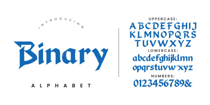 Binary sharp gothic alphabet font with aggressive edgy and fantasy style