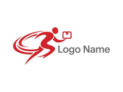 Fast delivery logo with running courier icon, red express shipping service symbol, dynamic logistics vector illustration