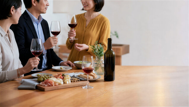 家庭の食卓でワインを楽しむ3人の友人