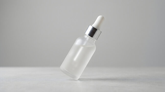 Frosted glass cosmetic dropper bottle floating above a grey surface cosmetic bottle