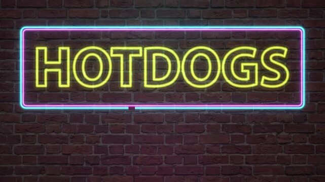 Flickering Yellow Hotdogs Neon Sign on Dark Red Brick Wall