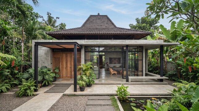 Modern tropical villa with Joglo style roof stock photo for real estate listings, architectural portfolio, luxury resort advertising, and travel blogs.