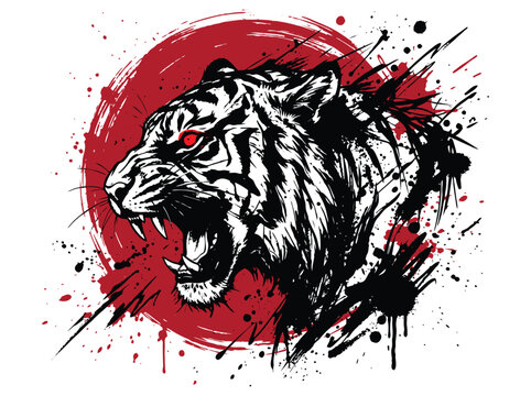 Japanese tiger head vector illustration, roaring wild cat with red sun, aggressive animal streetwear design, ink splatter art