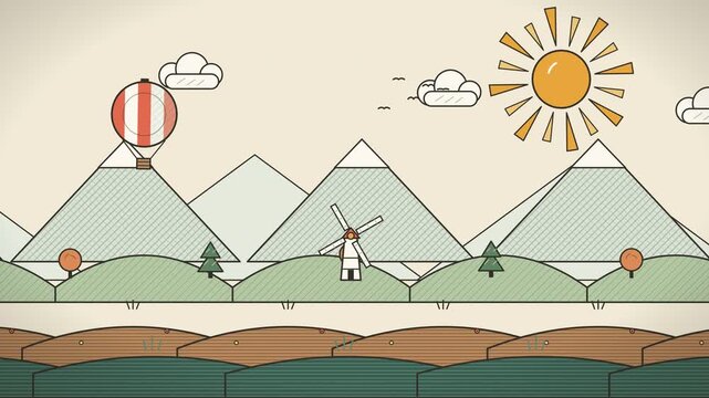 Paper cut travel animation with parallax countryside world, hot air balloon, windmill and flying birds in layered papercraft style