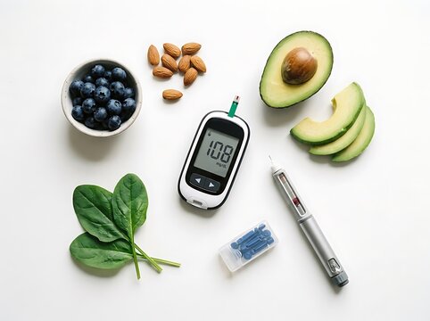 Maintaining a healthy diabetic diet with fresh blueberries nutritious almonds creamy avocado and a glucose meter to carefully monitor blood sugar levels