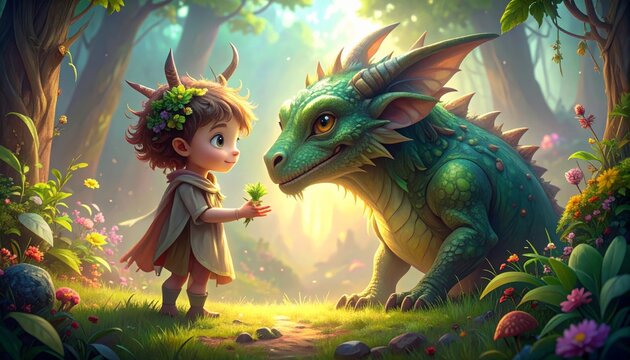 Little horned child offering plant to friendly green dragon in enchanted forest