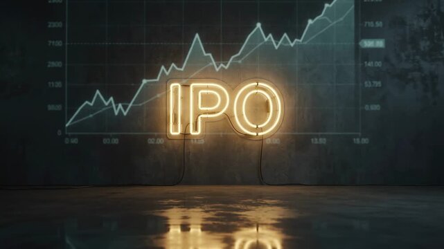 Ipo neon sign lighting up against a rising financial growth chart