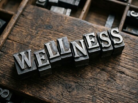 Old metal letterpress type carefully arranged to spell the word wellness sits peacefully among aged wooden typesetting drawers and various printing blocks