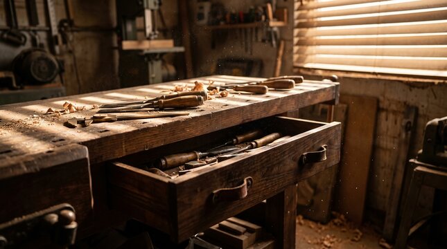 Woodworking workbench with chisels and wood shavings, open drawer in sunlit rustic workshop, representing craftsmanship and traditional skills.