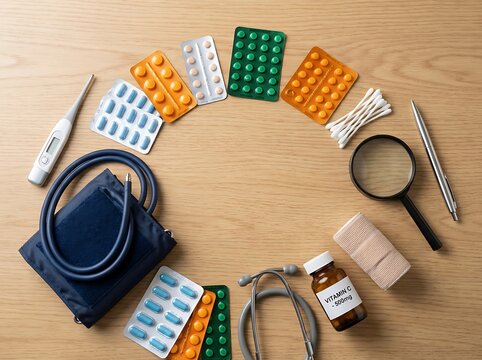 A carefully arranged circular display of vital healthcare necessities on a pale wooden backdrop symbolizes overall health and professional medical care provision