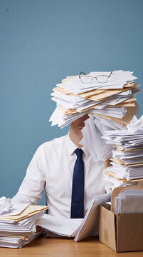 Overworked Businessman Buried Under Pile of Office Paperwork