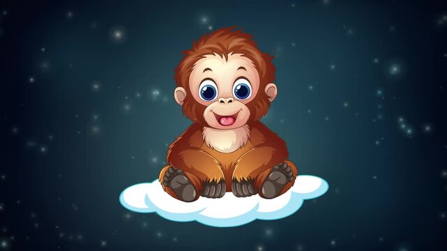 Cute Cartoon Orangutan Floating on a Cloud in Space
