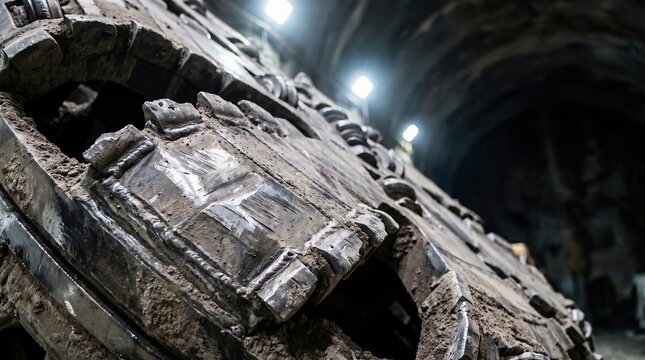 Tunnel boring machine cutter head details during underground excavation, heavy infrastructure engineering concept.