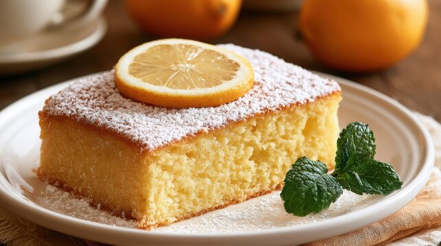 Lemon cake slice dusted with powdered sugar and topped with a fresh lemon slice rests on a white plate with mint.