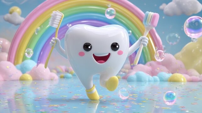 Animated tooth character holding a toothbrush under a rainbow with bubbles and clouds