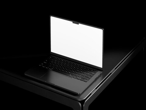 Black white screen with dark laptop on black surface mockup