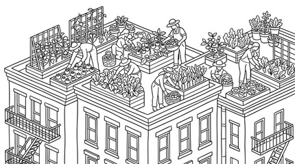 Fototapeta premium People tending rooftop gardens on apartment buildings, urban farming scene with diverse crops and community involvement
