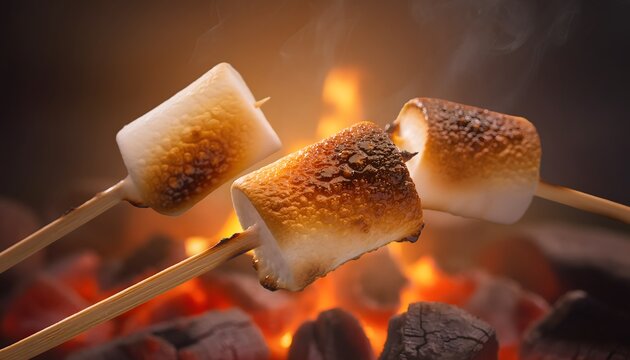 Close up of golden roasted marshmallows on wooden sticks over glowing hot charcoal embers.