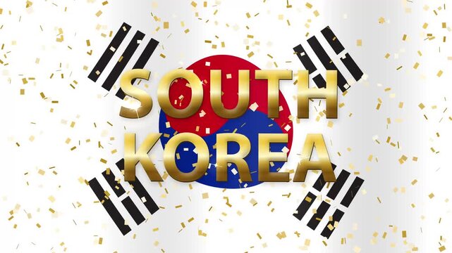 Waving South Korea Flag with Golden Text and Falling Confetti