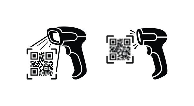 Qr code scanner silhouettes with beam projections on white background