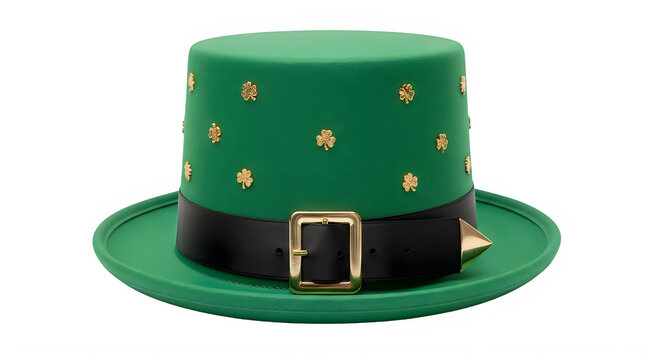 Green leprechaun hat adorned with golden shamrocks and black belt for Saint Patrick day.