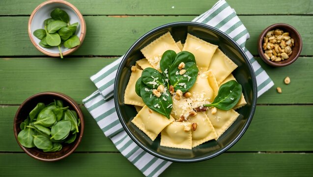 Fresh ravioli pasta with green spinach leaves in a black bowl on a wooden table