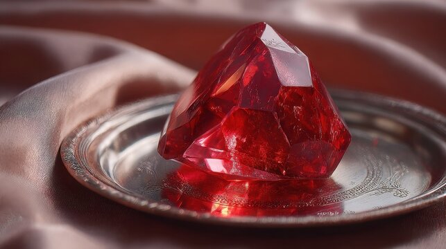 Radiant ruby gemstone with fiery red hue and subtle inc on a vintage silver plate