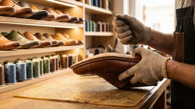 Shoemaking hands stitching leather shoe in traditional cobbler's workshop, demonstrating craftsmanship and bespoke production.