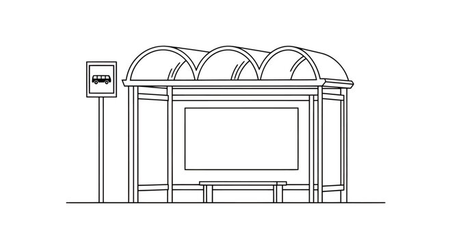 Minimal line drawing of a bus stop shelter and bench in an urban transit setting.