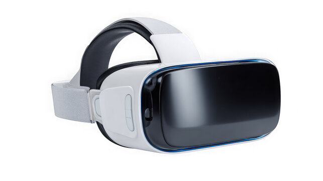Virtual reality headset with an adjustable strap is isolated on a solid transparent background for gaming and technology concepts.