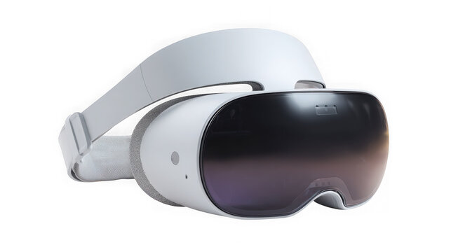 Futuristic virtual reality headset with an ergonomic strap and curved front display rests on a transparent background.