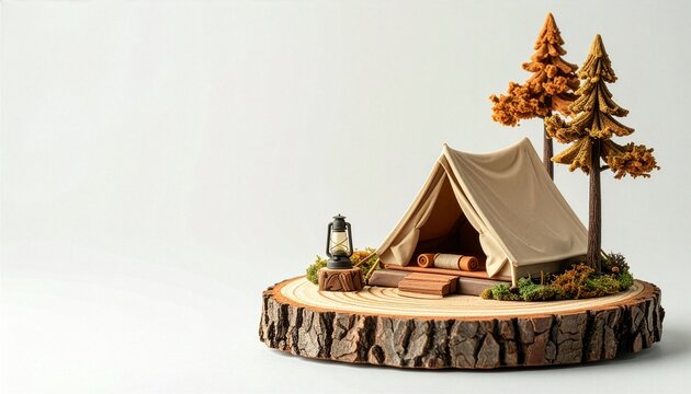 Tiny Clay Campsite On Tree Stump Background5