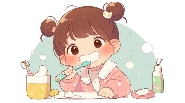 A cartoon girl brushing her teeth with bubbles around, promoting oral hygiene.