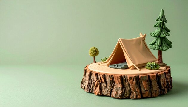 Tiny Clay Campsite On Tree Stump Background2