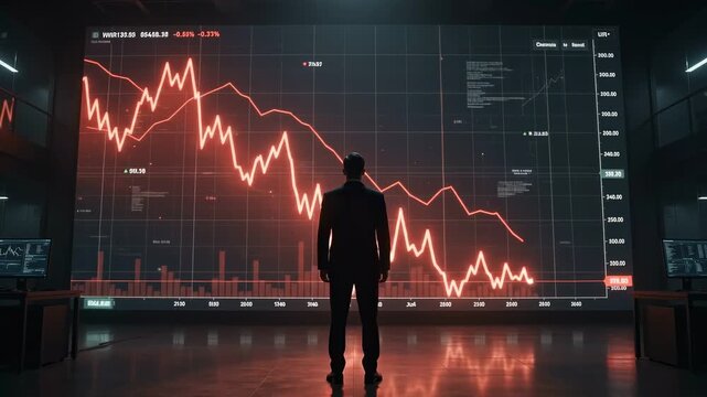 Businessman watching stock market crash on large digital screen