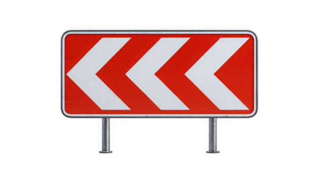 Chevron road sign featuring red and white directional arrows indicates a sharp turn on posts over a transparent background.