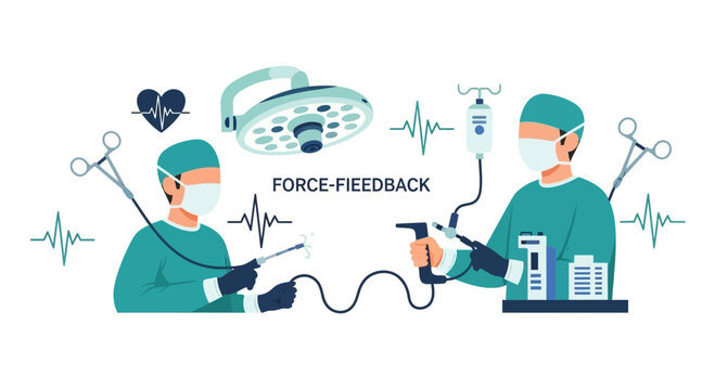 Robotic Surgery and Force-Feedback Technology Illustration. Professional surgeons utilizing haptic feedback devices for advanced minimally invasive medical procedures.