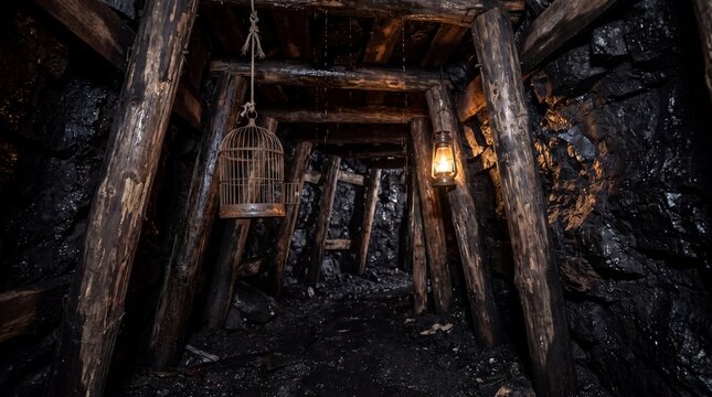 Eerie coal mine shaft with a vintage lantern and abandoned bird cage, highlighting the dangers and history of underground mining.