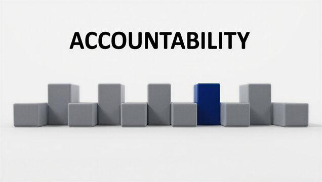 Accountability concept with one unique blue cube standing out from grey blocks in a row.