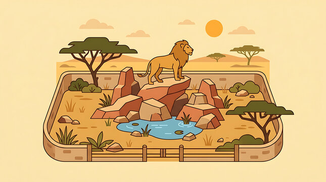 Cartoon lion standing on rocks inside a zoo enclosure with a savanna background