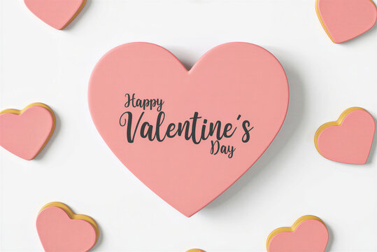 Happy Valentine's Day pink heart shaped gift box with cookies on a white background