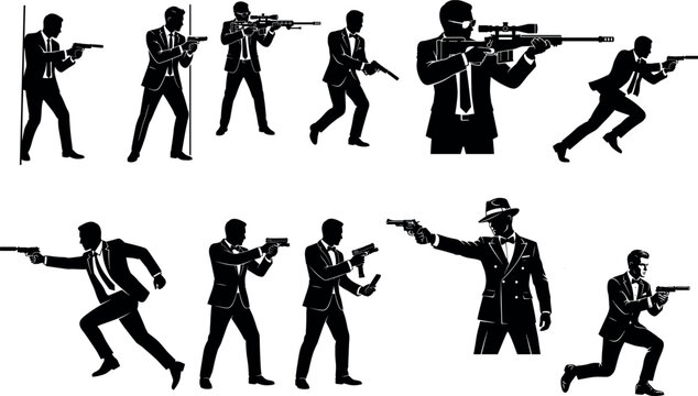 Premium collection of spy and hitman silhouettes in suits with firearms. Ideal for action, noir, and thriller designs.