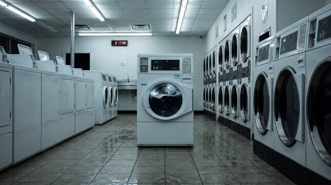 Empty Laundromat Interior at Night with Rows of Washing Machines and Spin Cycle