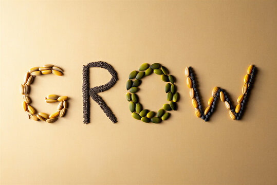 Word Grow spelled with organic seeds and grains on a neutral beige background